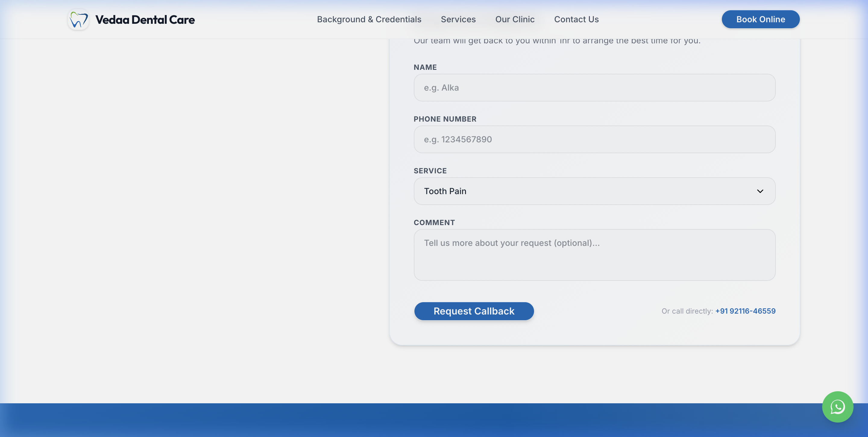 Booking Appointment Callback Form